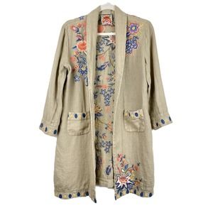 Johnny Was Beige Embroidered Long Jacket with Multicolor Floral Accents